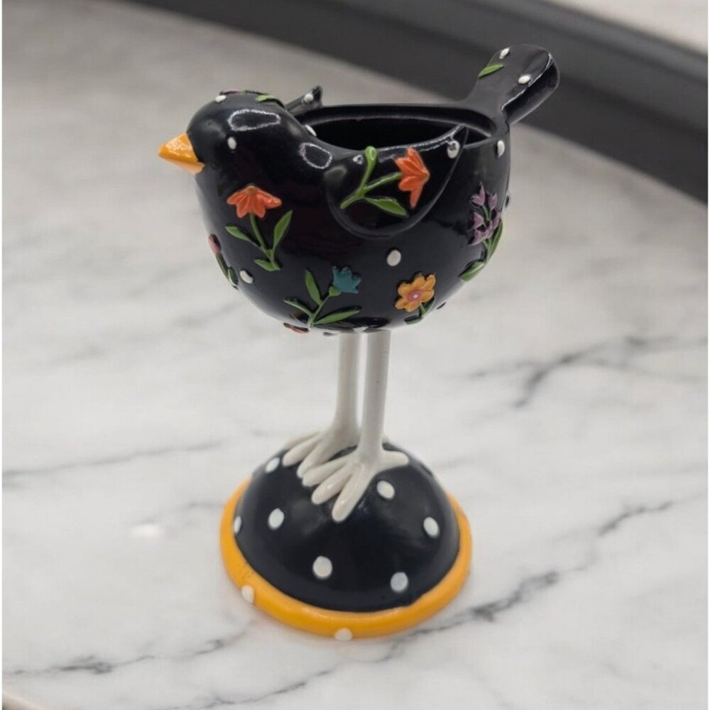 Yankee Candle Black Bird Long Legs Votive Candle Holder With Folk Art Floral Des